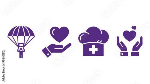 Icons representing different charitable activities and healthcare