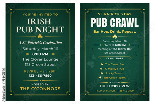 Vintage Irish Pub Night and St. Patrick's Day Pub Crawl Invitation Template with Rustic Vintage Emerald Green Background, Beer Mug, Shamrocks, and Event Itinerary Details