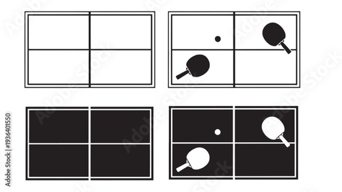 Ping pong table icons with paddles and balls illustrating various game states and color inversions for design.
