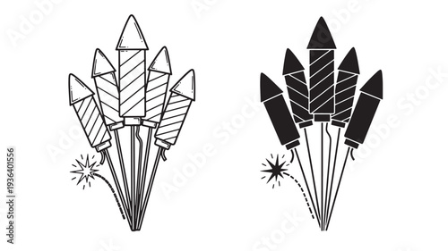 Firework rockets set with striped bodies and sparking fuses, presented in both line art and solid black silhouettes for celebratory events.