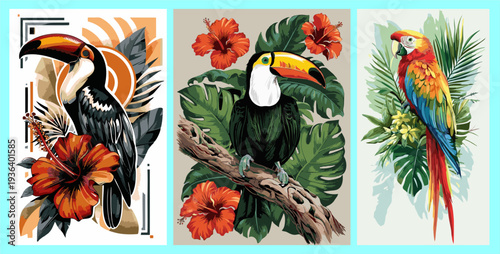 Set of three tropical bird posters. Detailed illustration of toucans and a macaw with hibiscus and monstera leaves.