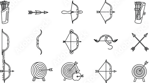 archery, bow, arrow, target, archery equipment, hunting, sport, weapon, arrow target, bow icon, archery set, arrows, quiver, aiming, sport archery, archery icons, target practice, vector, illustration