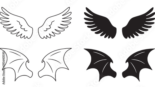 Wings set with different styles including feathered angel wings, silhouette angel wings, and dragon wings in outline and solid black formats.