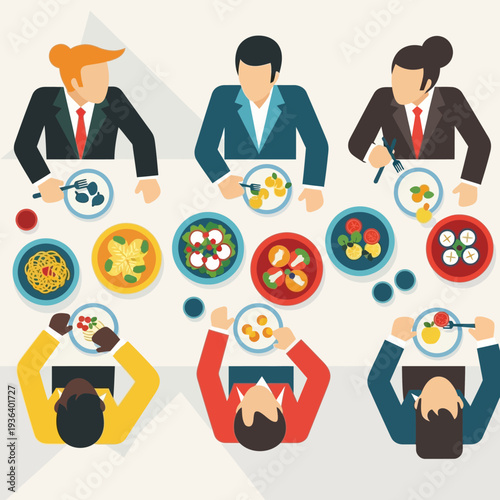 Diverse group of people enjoying a meal together at a table, business lunch, food sharing