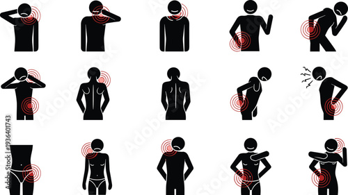 Human body pain icons set, medical symptoms illustration, headache neck shoulder back knee stomach joint pain infographic silhouette collection vector