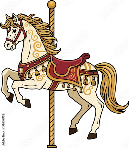 Ornate Cream White Carousel Horse with Red Swirled Saddle, Tassels and Golden Pole Classic Merry Go Round Cartoon Vector Illustration