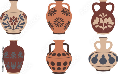 Set of decorative ceramic vases with floral and geometric patterns, traditional pottery collection vector illustration isolated on white background