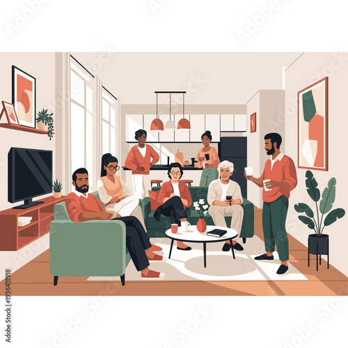 Diverse group of people socializing in a modern living room, enjoying a casual gathering.