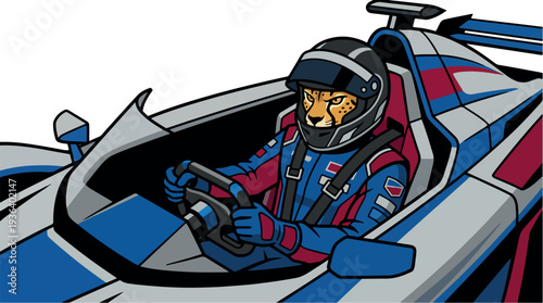 Cheetah race car driver in a sleek modern racing vehicle.