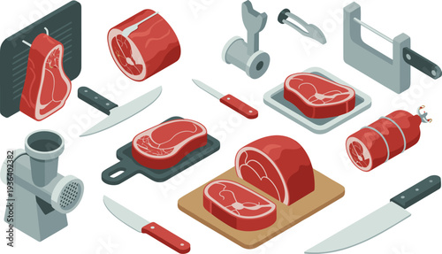 Butcher meat processing isometric vector set, steak cuts, meat grinder, butcher knives, raw beef, meat preparation tools illustration