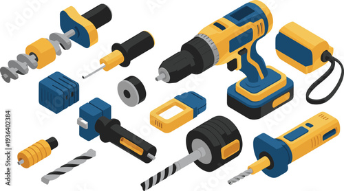 Cordless drill and power tool set, isometric electric drill, screwdriver bits, battery charger, construction equipment vector illustration