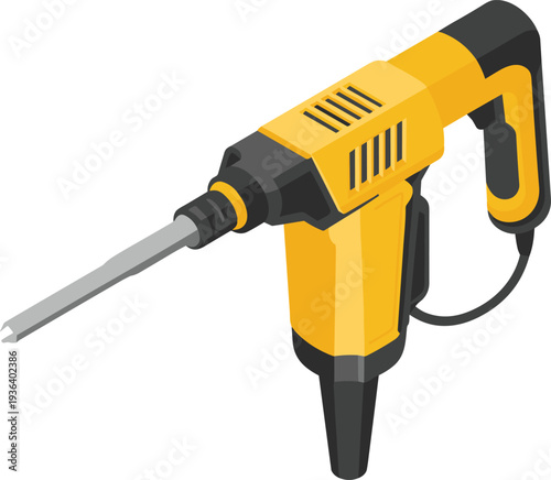 Electric demolition hammer drill isometric vector illustration, construction power tool, jackhammer equipment, concrete breaker machine, industrial tool