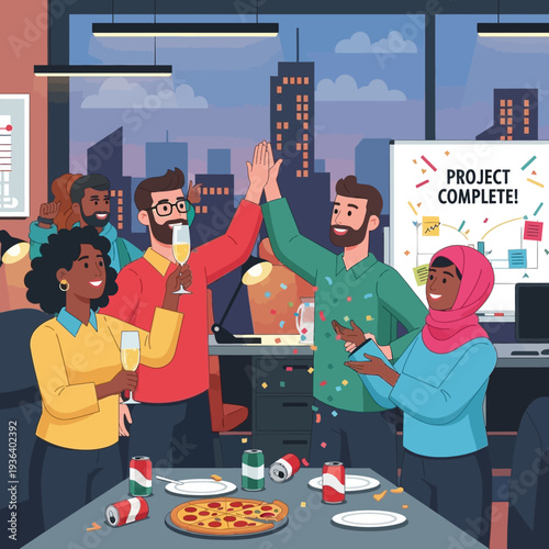 Diverse team celebrating project completion with high fives and champagne in modern office