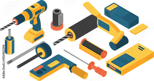 Cordless drill power tools isometric vector set, electric drill, screwdriver, drill bits, battery charger, construction equipment illustration