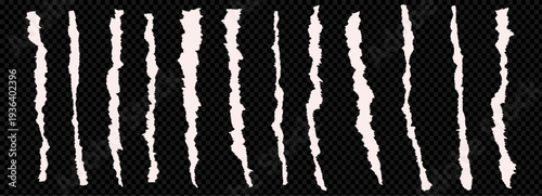 Ripped pieces of paper stripes torn edge set. Ripped strips of white colors at transparent background. Ripped newspaper clip art. Ripped paper note border grunge brush stroke