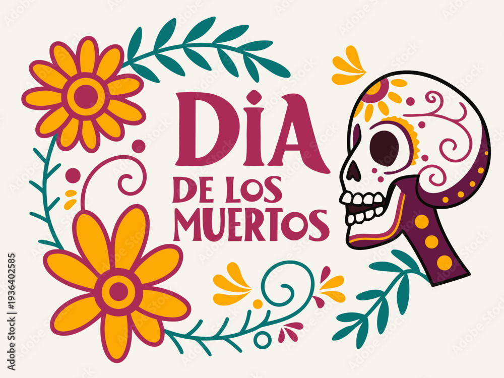 Fototapeta premium Día de los Muertos poster set, day dead with skull on white background. Halloween costume. Cartoon vector illustration. Holiday Muertos