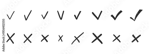 Check mark doodle icon set. Checkmarks and confirm. Ok, yes sign for agreement, done. tick. Cross signs for checkbox, checklist, v in sketch.