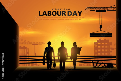 happy Labour day or international workers day vector illustration. labor day and may day celebration design. Workers at site on sunset.