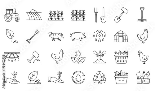 A collection of simple line art icons depicting various farming and gardening tools and symbols