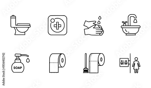 A set of minimalist bathroom icons including toilet, sink, and hygiene symbols