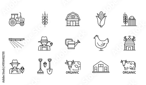 A set of line art farm icons including tractor, barn, and organic symbols