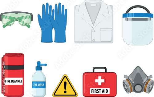 Safety equipment and protective gear arranged on a white background illustrating various emergency and safety measures