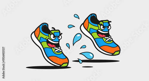 Energetic cartoon running shoes with expressive faces and sweat drops