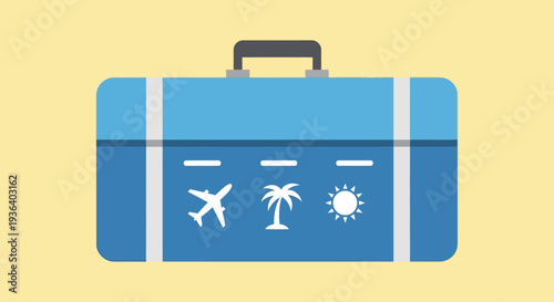 Flat design blue suitcase with travel vacation icons