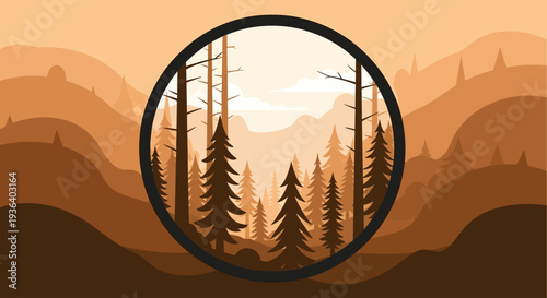 Flat design forest landscape with hills in circular view