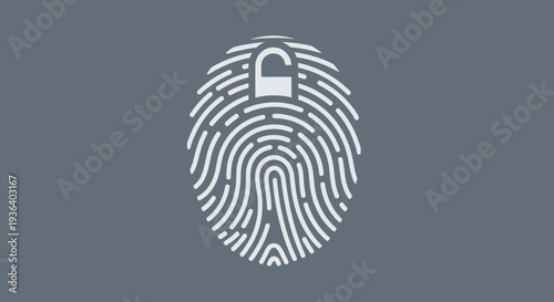Fingerprint biometric security icon with padlock on grey background