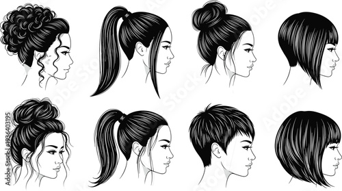 Women hairstyle collection set, female hair style silhouettes and line art profiles isolated vector illustration