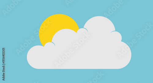 Flat design sun peeking behind white cloud on blue sky