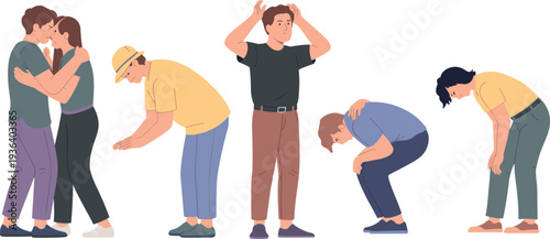 Set of stressed and sad people characters showing anxiety, depression and emotional support isolated on white background flat vector illustration