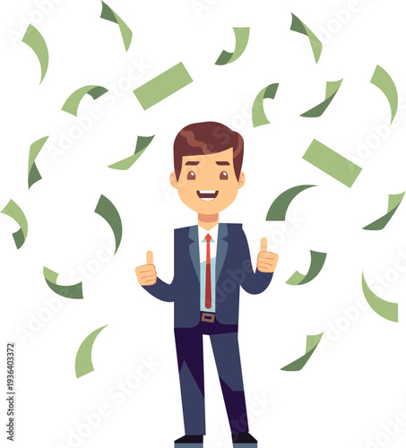 Money rain on lucky businessman. Financial success and wealth