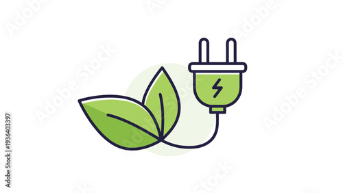 Ecological power plug with green leaves illustration symbolizing clean energy, sustainable environment, and green electricity.