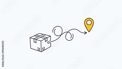 Logistics delivery tracking concept illustration showing a package box connected by a path to a location pin icon on white.