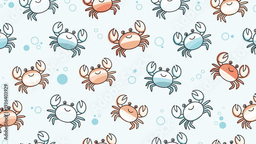 Adorable seamless pattern of cartoon crabs in light blue and orange shades with bubbles on a pale background for nursery decor.