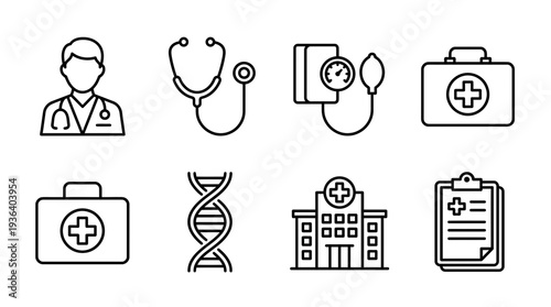 Medical healthcare line icons set featuring professional surgeon, stethoscope, tonometer, first aid kit, DNA, hospital and report, ideal for web design, clinic branding and app interface