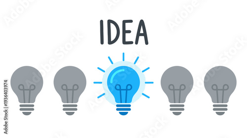 Row of light bulbs with one glowing blue lightbulb and the text IDEA on white background, ideal for creative brainstorming, startup innovation and business solution marketing