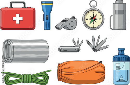 Collection of camping and survival equipment neatly arranged on a white background from a top-down viewpoint