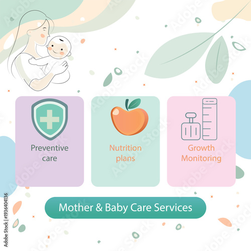 Mother and Baby Pediatric Healthcare Banner with Preventive Care Nutrition Plans and Growth Monitoring Flat Vector Illustration.eps