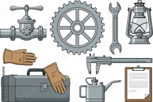 A collection of industrial tools and equipment, including a toolbox, wrenches, and a lantern, arranged neatly for maintenance and repair work
