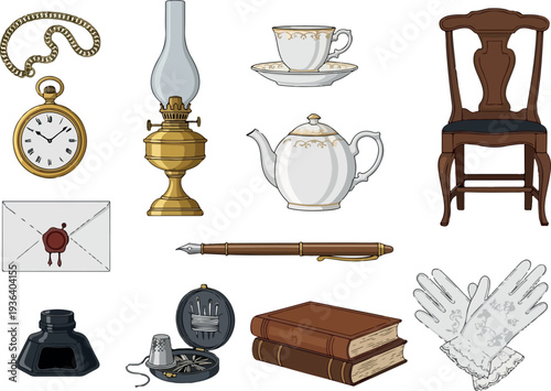 Vintage office supplies and antique furniture arranged neatly on a white background from a straightforward viewpoint