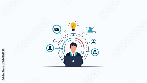 Professional person working on a laptop surrounded by connectivity icons and a lightbulb symbolizing digital networking and innovation.