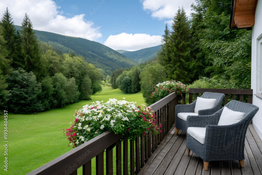 Fototapeta premium Deck chairs on a balcony overlooking mountain valley