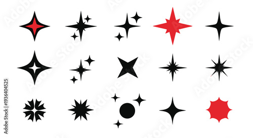 Collection of various starburst shapes and symbols in black and red
