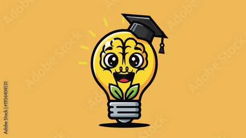 Friendly light bulb education logo, cartoon mascot style, bold outline, flat design