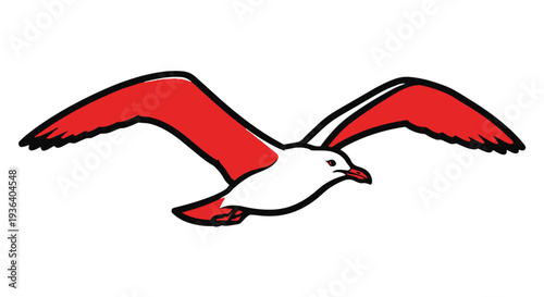A red and white seagull in flight with outstretched wings flying freely