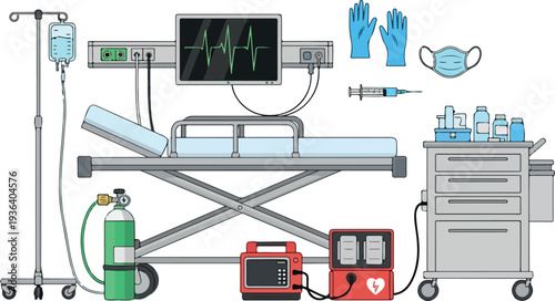Medical equipment and supplies arranged around a hospital bed with a cardiac monitor displaying a heart rhythm