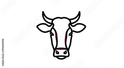 A black line drawing of a cows head with red markings on its face